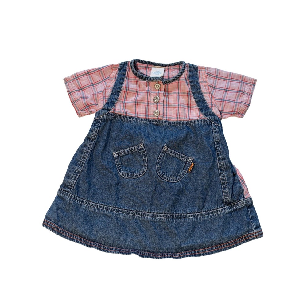 Oilily Baby Girls Pink Plaid Denim Mixed Media Dress 80's Vintage Style